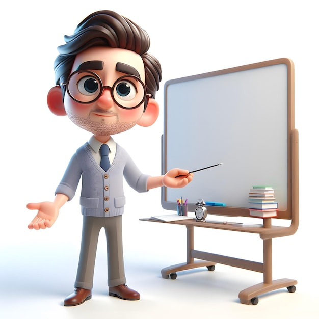een cartoon leraar met een bril en een potlood voor een wit bord