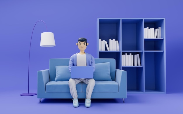 Een cartoon man aan het werk in sofa 3D-rendering