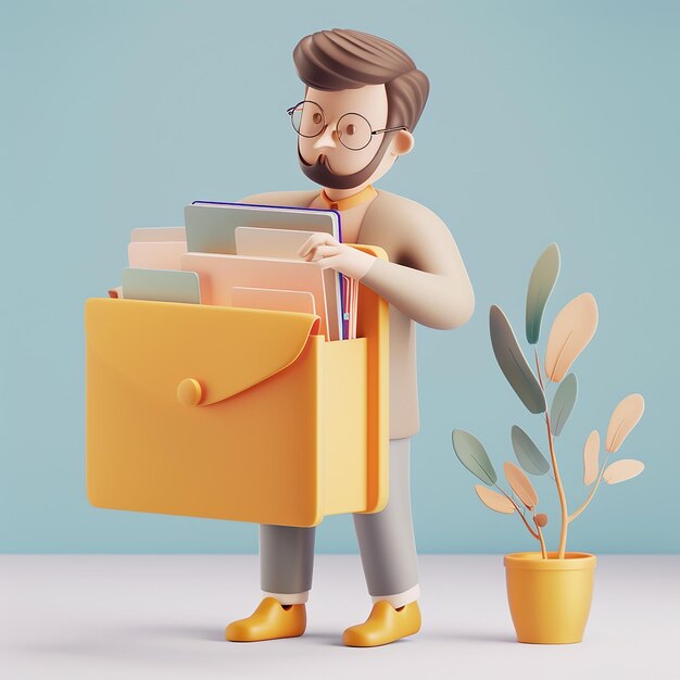 een cartoon man met een bril die een doos met boeken vasthoudt