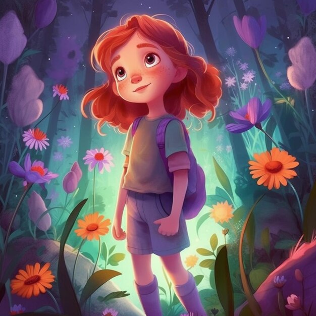 een cartoon meisje staan in een veld van bloemen met een rugzak generatieve ai