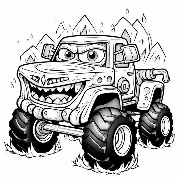 een cartoon monster truck met een grote glimlach op zijn gezicht generatieve ai