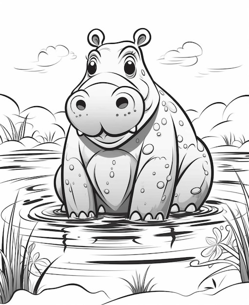 Een cartoon nijlpaard zittend in een vijver met een kleine vogel generatieve ai