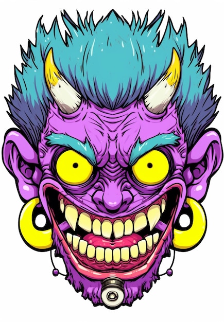 een cartoon paarse demon met blauw haar en gele ogen generatieve ai