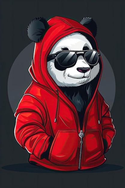 Een cartoon panda met een rode hoodie en zonnebril