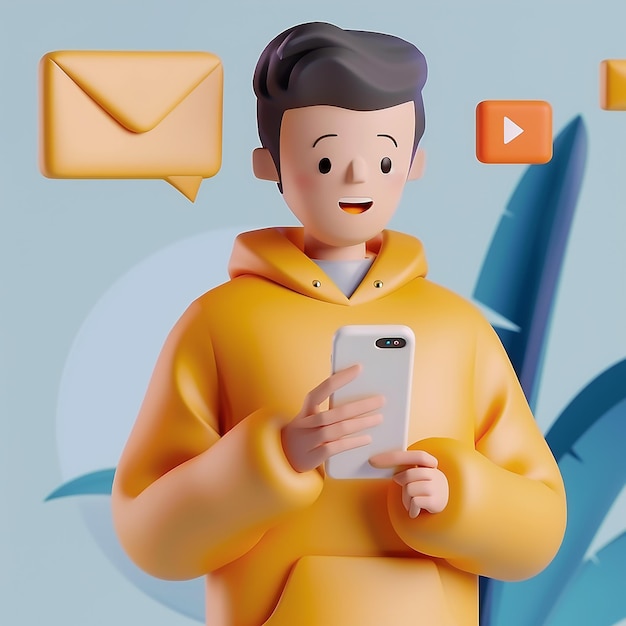 een cartoon personage houdt een telefoon in zijn hand en het woord mail op het scherm