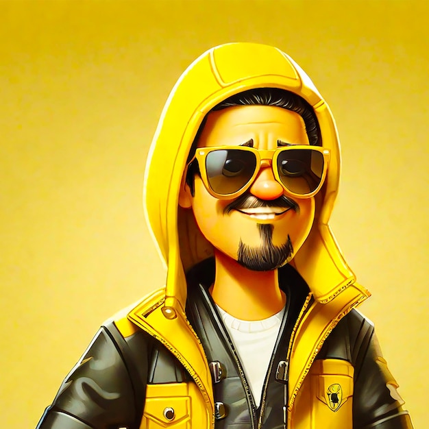 een cartoon personage met een geel jasje en zonnebril Ai gegenereerd