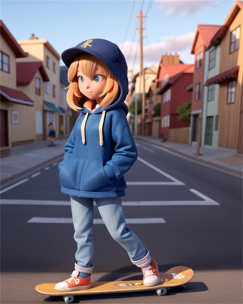 een cartoon personage met een hoed en een hoodie op