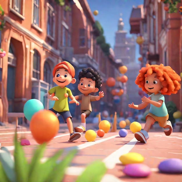 een cartoon personage met een hoed en een jongen die de straat afloopt met ballonnen