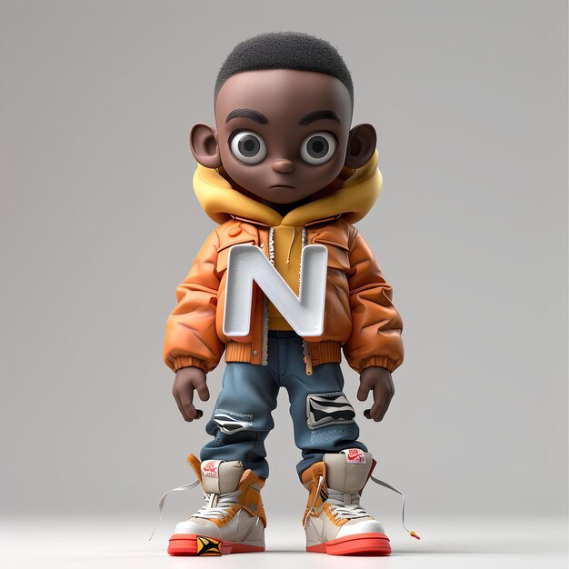 Een cartoon personage met een letter n op zijn borst en een paar sneakers op zijn voeten