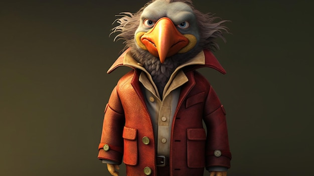 Een cartoon personage met een vogel op zijn jas