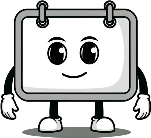 een cartoon personage met een wit vierkant dat het woord erop zegt