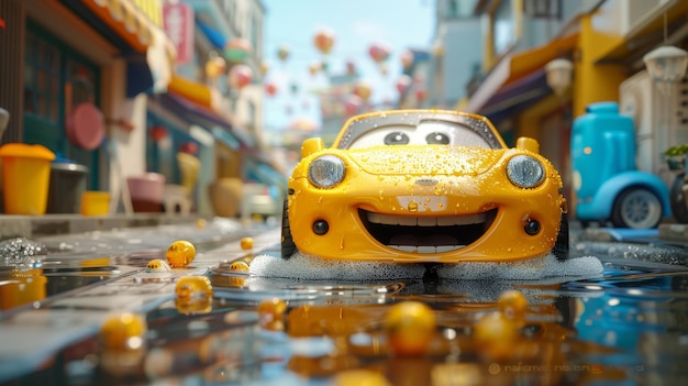 Een cartoon personage van een auto in de car wash 3d illustratie