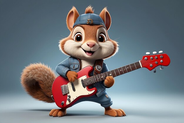 Foto een cartoon personage van een schattige eekhoorn die gitaar speelt met rocker outfit lichten dieren wezens muziek