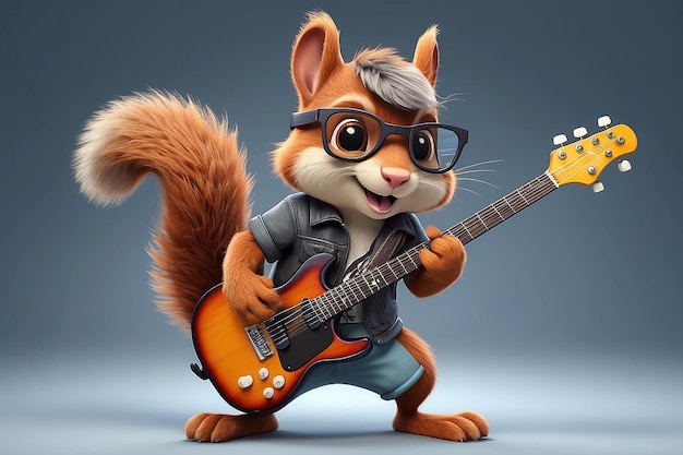 Foto een cartoon personage van een schattige eekhoorn die gitaar speelt met rocker outfit lichten dieren wezens muziek