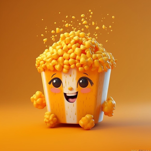 Foto een cartoon popcorn container met een gezicht en een gezicht dat zegt popcorn