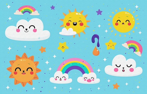 een cartoon scène met zon regenboog en regenbogen