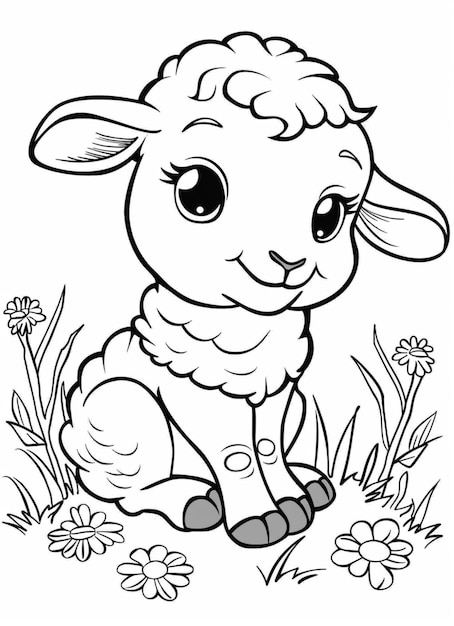 een cartoon schaap zit in het gras met bloemen generatieve ai