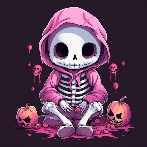 een cartoon skelet in een roze hoodie die op de grond zit met een pompoen generatieve ai