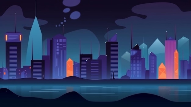 Een cartoon skyline van de stad met wolkenkrabbers en een meer 's nachts generatieve ai