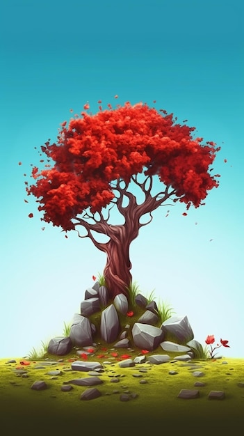Een cartoon-stijl illustratie van een boom met rode bladeren op een rotsachtig eiland generatieve ai