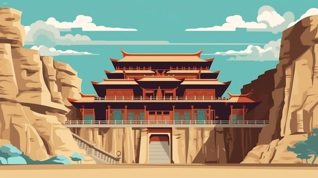 Een cartoon-stijl illustratie van een Chinese tempel in een woestijn generatieve ai