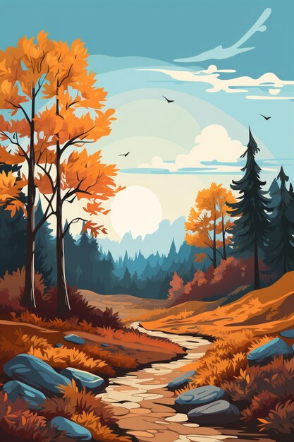een cartoon stijl illustratie van een schilderachtige herfst bos scène generatieve ai