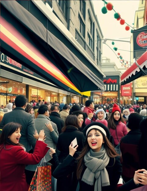 Een cartoon-stijl weergave van een Black Friday verkoop met shoppers in de rij rond het blok