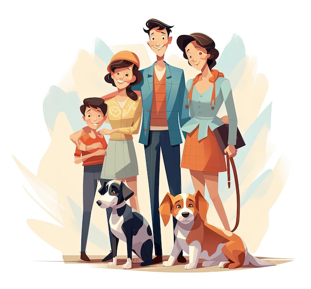 Foto een cartoon tekening van een gezin dat staat met een hond in de stijl van eenvoudige