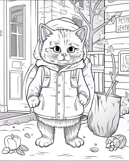 een cartoon tekening van een kat die een jasje draagt met een pot erin