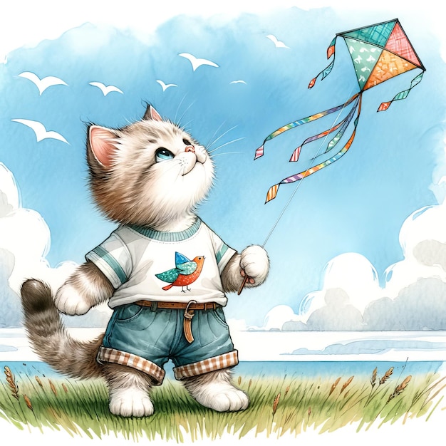 Foto een cartoon tekening van een kat die een vlieger speelt in de lucht