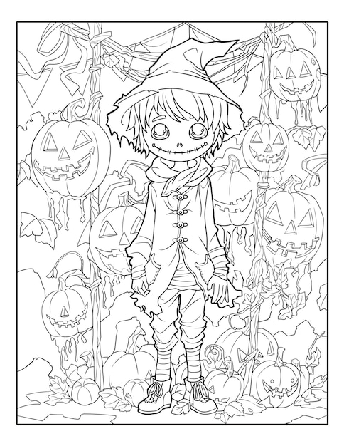 een cartoon tekening van een kleine jongen in een halloween kostuum met een pompoen op de top