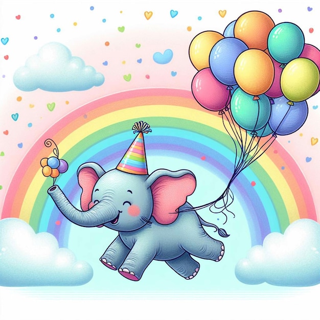 een cartoon tekening van een olifant met ballonnen en regenbogen