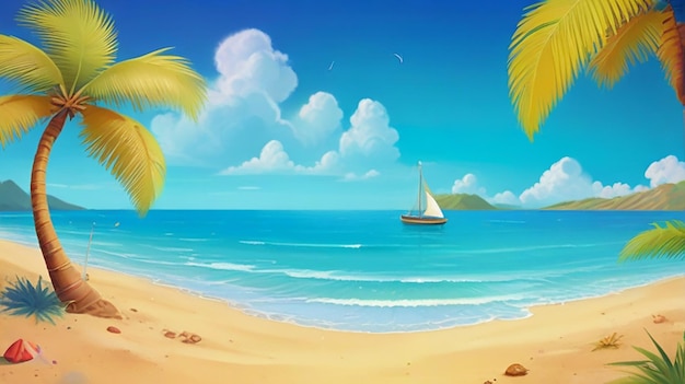 een cartoon tekening van een strand scène met een zeilboot op het water