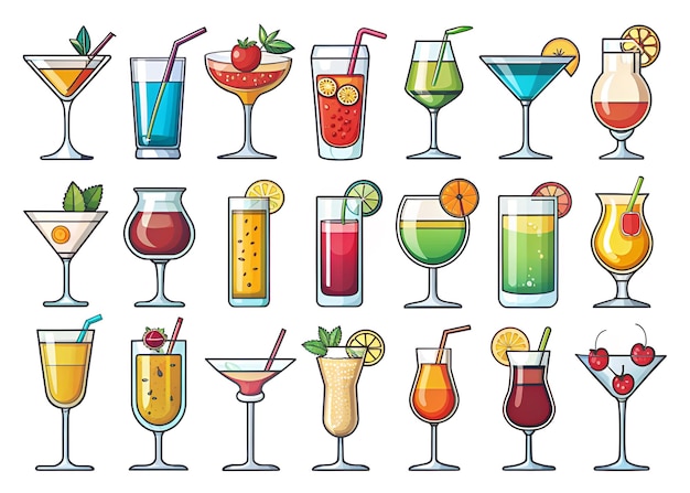 een cartoon tekening van verschillende dranken, waaronder een fles sap