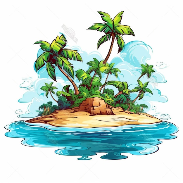 Een cartoon tropisch eiland met palmbomen en rotsen generatieve ai