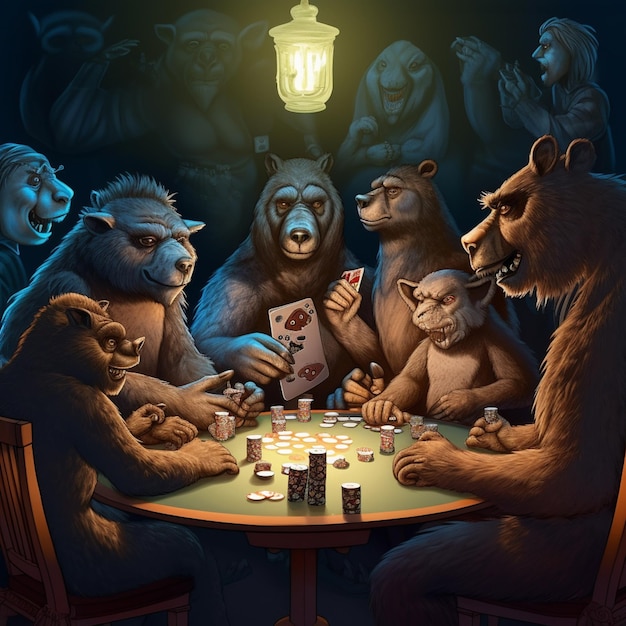 Een cartoon van beren die poker spelen en een van hen zegt 'ik ben een wolf'