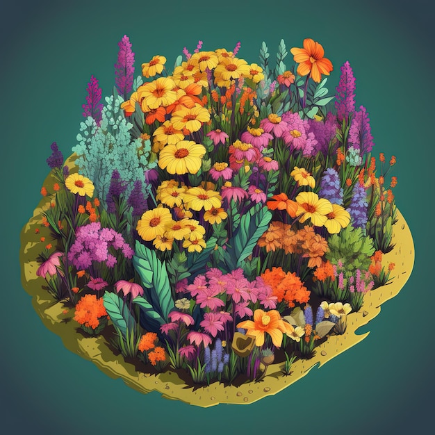 Een cartoon van bloemen op een klein eiland