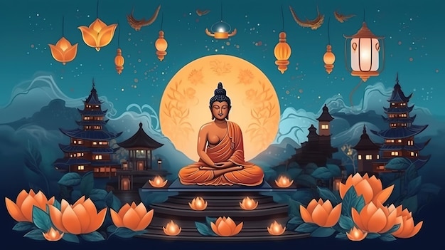 Foto een cartoon van boeddha zittend voor een volle maan.