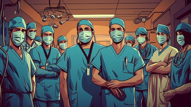 Een cartoon van dokters in scrubs en maskers staat in een ziekenhuiskamer.