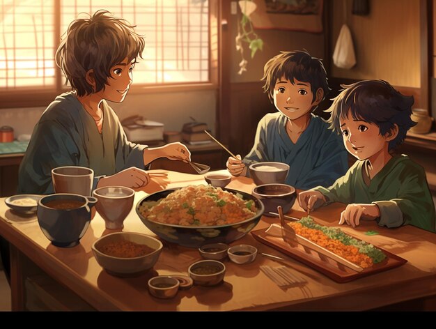Een cartoon van drie kinderen die aan een tafel eten met een schaal met eten.
