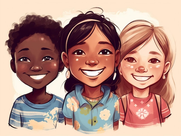 Een cartoon van drie kinderen met verschillende huidtinten en de woorden "happy" op de voorkant.