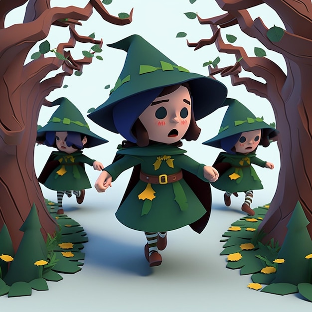 Een cartoon van drie kleine elfjes die door een bos rennen.