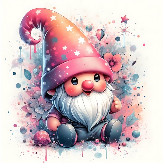 Foto een cartoon van een baarde gnome met een hoed en een roze hoed