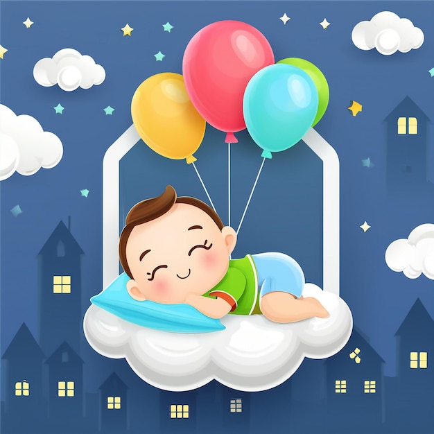 een cartoon van een baby die in een wolk slaapt