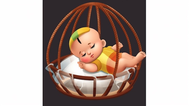 Een cartoon van een baby in een hangende mand