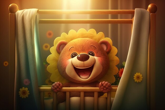 Een cartoon van een baby in een wieg met een leeuw erop.