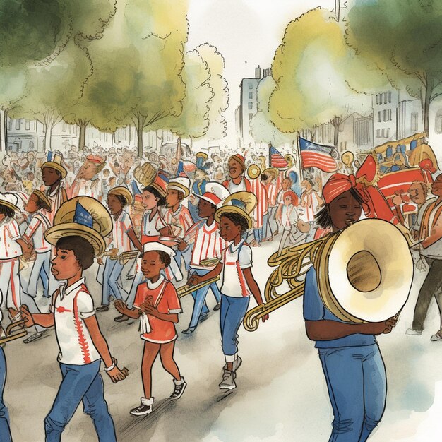 Een cartoon van een band die in een parade speelt