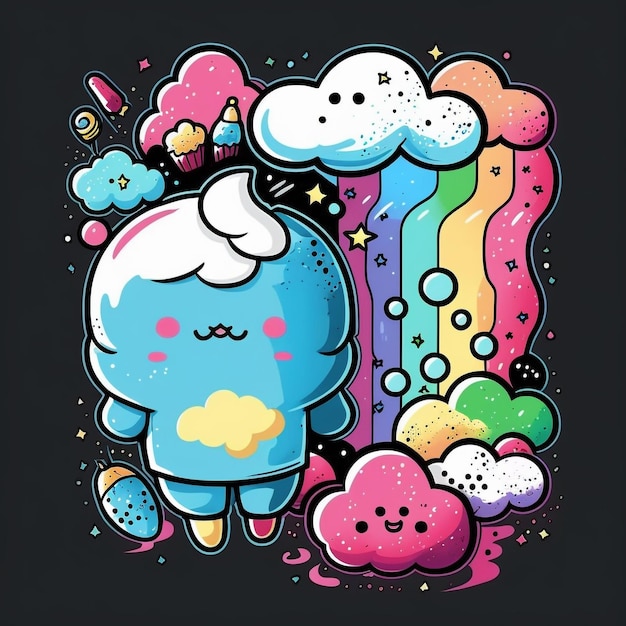 Een cartoon van een blauw monster met een wolk en een regenboog op de rug.