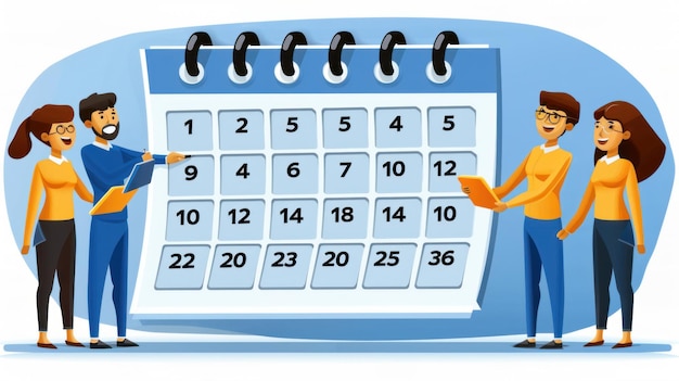 een cartoon van een blauwe kalender met een man naast het met het nummer 1 erop
