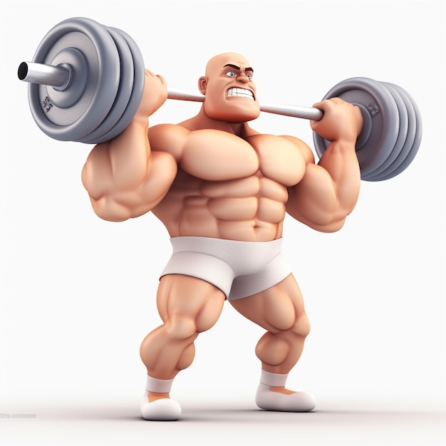 Een cartoon van een bodybuilder met een barbell op zijn hoofd